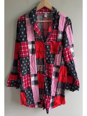 Victoria’s Secret Patchwork Flannel Pajama Top Pink Red Button Down Size Large